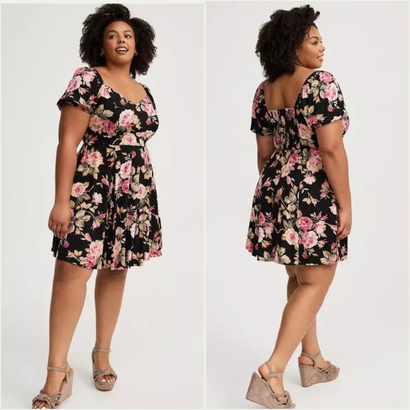 torrid Dresses & Skirts - Torrid Black Floral Challis Mini Dress Sz 0X L/XL Off Shoulder Puff Sleeves